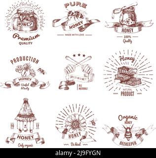 Honey hand drawn emblems with flowers and bees hive and combs rays and ribbons isolated vector illustration Stock Vector