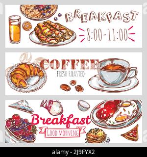 Three horizontal breakfast banner set with coffee fresh roasted and breakfast good morning descriptions vector illustration Stock Vector