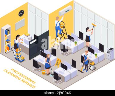 Professional cleaning service isometric composition with text and indoor office scenery workplaces computers and workers group vector illustration Stock Vector