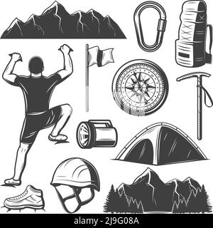 Vintage mountain climbing elements set with climber carabiner flag compass helmet lantern backpack pick camp footwear isolated vector illustration Stock Vector