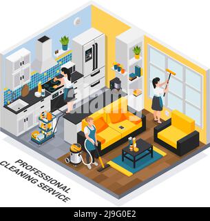 Professional cleaning service isometric composition with indoor view of private apartment being cleaned by workers group vector illustration Stock Vector