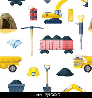 Mining insudtry isolated elements pattern with essential tools and technics for mining coal and diamond symbols vector illustration Stock Vector