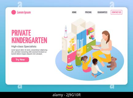 Kindergarten isometric web site landing page design with clickable links editable text and buttons with images vector illustration Stock Vector
