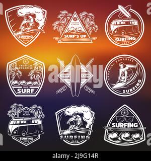 Vintage white surfing labels set with surfers surfboards palms bus water waves sunglasses on blurred background isolated vector illustration Stock Vector