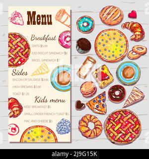 Food top view menu template with price and types of plates on breakfast sides and kids menu vector illustration Stock Vector