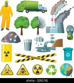 Set of isolated cartoon style decorative icons with radioactive chemical pollution infographic signs and environmental symbols vector illustration Stock Vector
