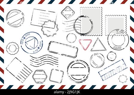 Composition with variety of stamps with place for text and postmarks on rectangular postal envelope flat vector illustration Stock Vector