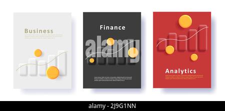 Set of business posters with 3d illustration of bar chart with coins Stock Vector