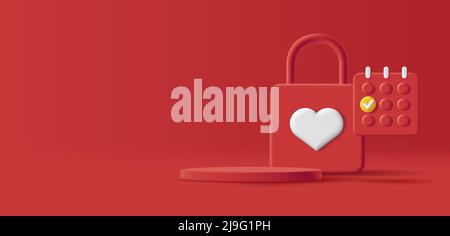 3d composition of red padlock with heart and calendar, with podium for your product or gift Stock Vector