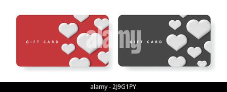 Card template with volume hearts pattern on black an re backdrop Stock Vector