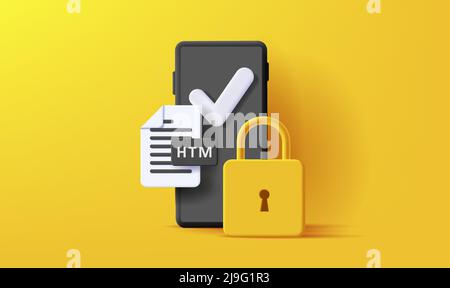 Digital 3d illustration of smartphone with file icon and padlock