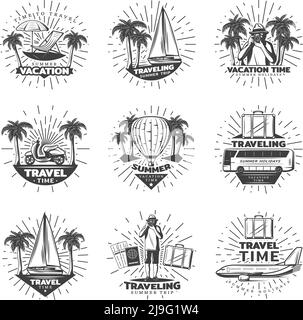 Vintage monochrome traveling labels set with traveler vehicles vacation elements baggage palm trees sunbursts isolated vector illustration Stock Vector