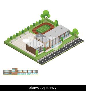 3D modern building and school with environment tree, fence and roads, Isometric of university or modern building and architecture, Flat office, school Stock Photo