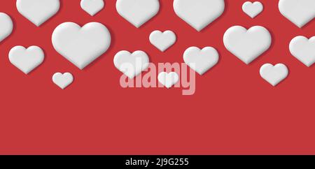 Romantic Background with white volume hearts on red backdrop, falling from the top Stock Vector
