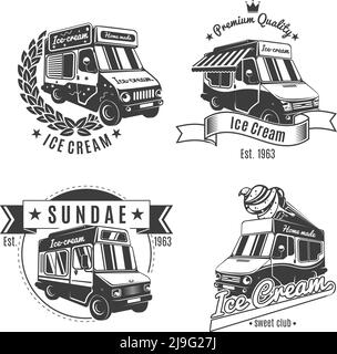 Vintage monochrome food trucks labels set with inscriptions and cars selling ice cream isolated vector illustration Stock Vector