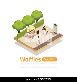 Street carts trucks isometric isolated composition with waffles for sale in the park vector illustration Stock Vector