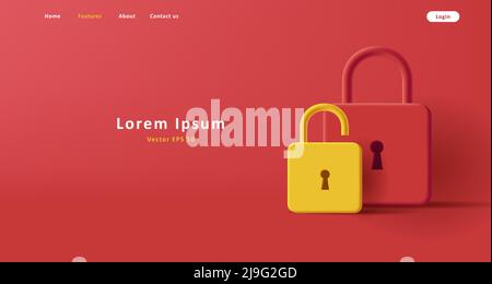 3d composition with render illustration of padlocks open and closed, digital web banner Stock Vector