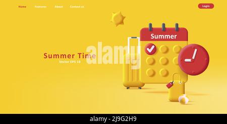 Summer time travel 3d yellow sunny illustration with calendar and suitcases Stock Vector