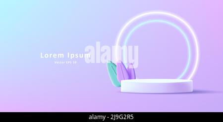 3d render illustration of cylinder pedestal with plastic leaves and neon circle lights Stock Vector