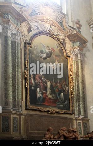 Bologna, Italy. Interior of the Cathedral (Cattedrale Metropolitana di San Pietro). "Consecration of B. Nicolò Albergati", by Antonio Rossi (1748). Stock Photo