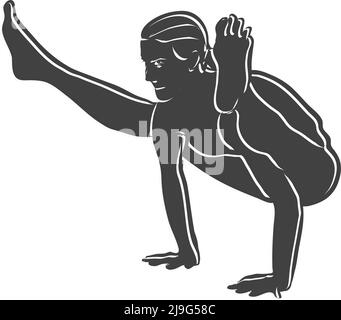 Black Tittibhasana Yoga Pose Outline Icon. Vector illustration made by hand. White lines isolated on black shape. Stock Vector