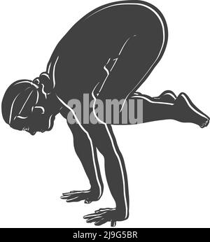 Black Backasana Yoga Pose Outline Icon. Vector illustration made by hand. White lines isolated on black shape. Stock Vector