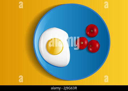 scrambled eggs with tomatoes on a blue plate. vector illustration. Stock Vector