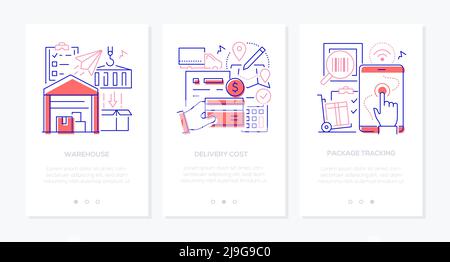 Purchase and delivery - line design style banners set Stock Vector