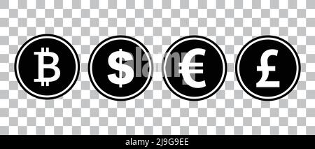 Icon set of black coins in bitcoin, dollar, pound, and euro. Silhouettes about currencies. Editable vector. Stock Vector