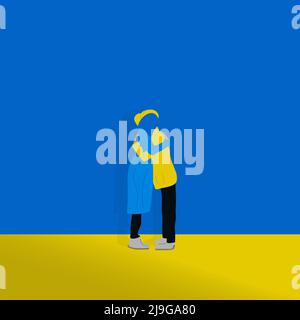 a guy and a girl dressed in the colors of the Ukrainian flag are hugging against the background of a wall of the colors of the Ukrainian flag. 2d vect Stock Vector