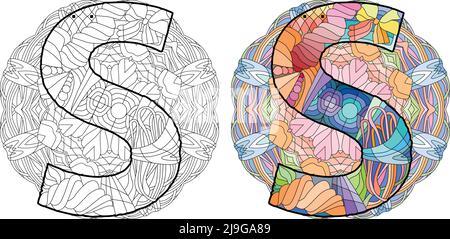 Letter S monogram with mandala, engraving design. Vector illustration for coloring. Color and outline set Stock Vector