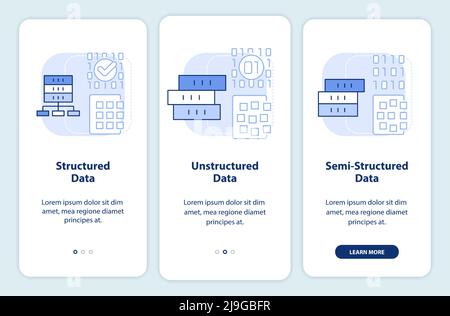 Types of big data light blue onboarding mobile app screen Stock Vector