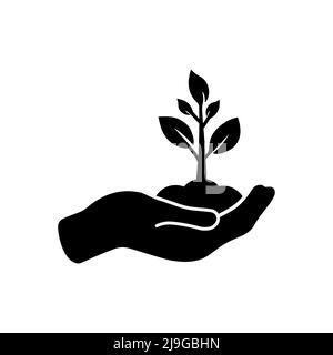 Hand holding seedlings with leaves or palm with sprout, ecology icon in black on an isolated white background. Stock Vector