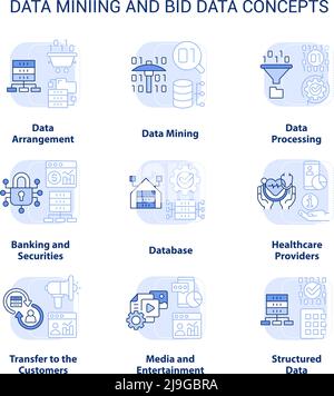 Data mining and big data light blue concept icons set Stock Vector
