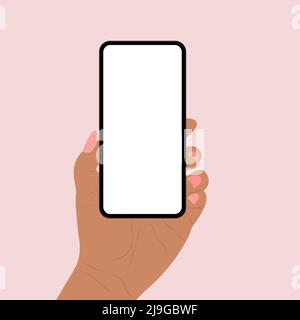 mockup. a girl's hand with a phone in her hands. copyspace for your design. vector illustration. 2d. Stock Vector
