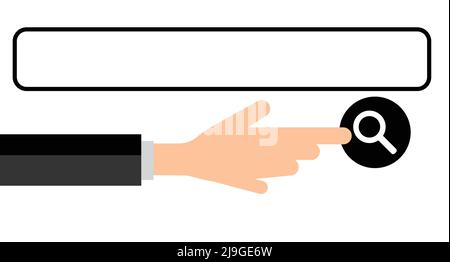 Vector illustration of a man pressing a search button with a search box and magnifying glass with input fields. Editable vector. Stock Vector