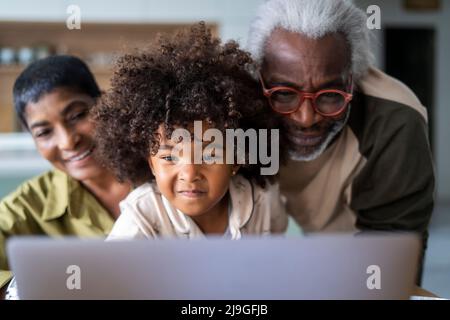Smiling grandparents with granddaughter using laptop Stock Photo