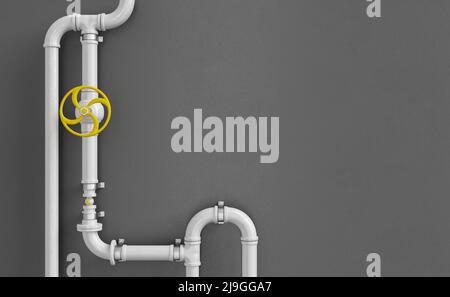 3D illustration of plastic pipes with yellow valve distributing crude oil or gasoline against black background Stock Photo