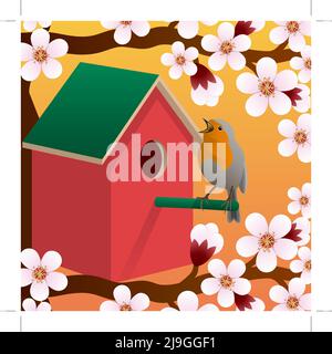 Bird near birdhouse. Blossoming spring tree. Spring. Vector illustration Stock Vector