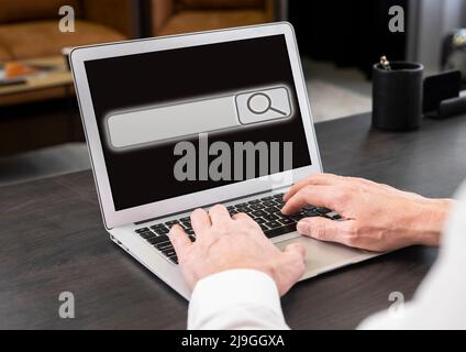 Businessman working on laptop and searching information on Internet. Screen with search bar icon. Man hands at keyboard closeup typing keywords. High quality photo Stock Photo