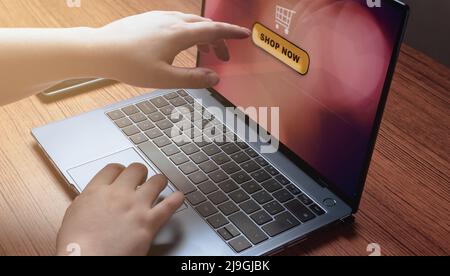 Woman use laptop for online shopping. Online banking and digital marketing. Shopping online store concept. Stock Photo
