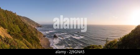 Panoramic landscape seascape golden sunset views on the beautiful California coast, Crescent City Stock Photo