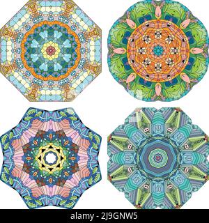 Hand drawn zentangle set of 4 color mandalas for decoration Stock Vector
