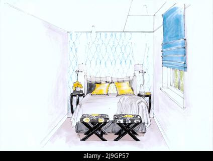 Colour illustration of a contemporary bedroom interior. Stock Photo