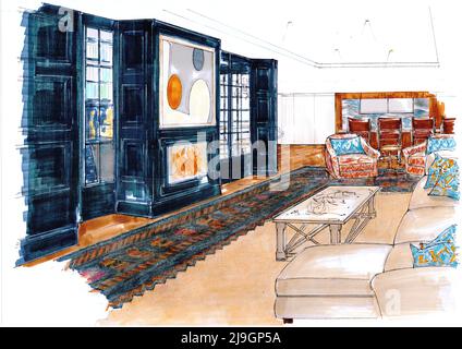 Colour illustration of a contemporary lounge interior. Stock Photo