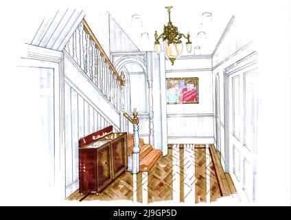 Colour illustration of a traditional hallway interior. Stock Photo