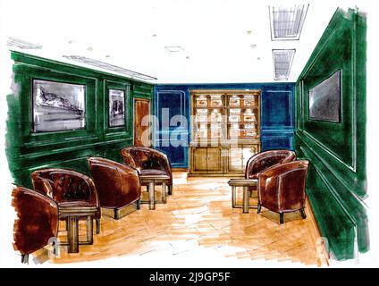 Colour illustration of a smoking room interior. Stock Photo