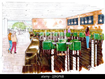 Colour illustration of a contemporary restaurant interior. Stock Photo