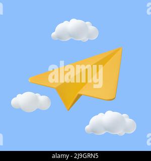 3d paper airplane with clouds Stock Vector