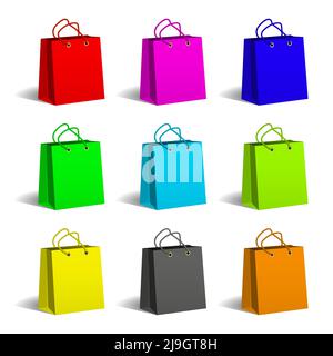 Set of colored paper shopping bags.Packing and delivery. Shopping and sale. Vector illustration. Stock Vector
